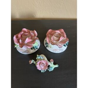 Vintage Commodore Japan Porcelain 3D Rose Candlestick Holders with Candle Hugger